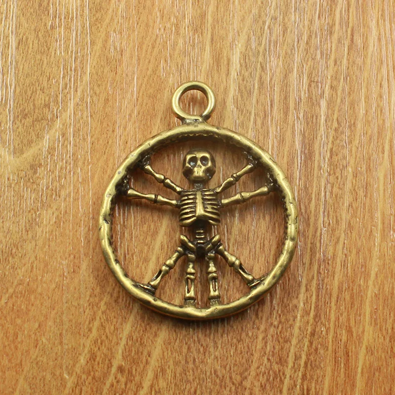 New Brass Vitruvian Skeleton Metal Figurine Car Keychain Skeleton Pendant Decorative Figurines Accessoires Miniatures