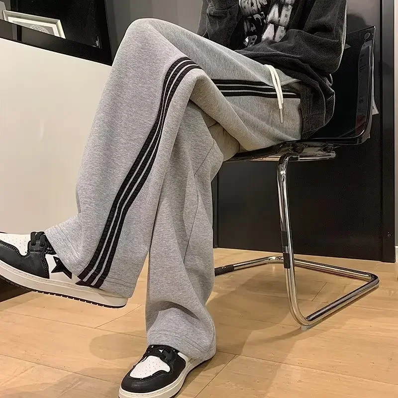 Casual Men's Sweatpants Spring Autumn Loose-fit Striped Cropped Pants Hong Kong Style Japanese Trendy Fashion