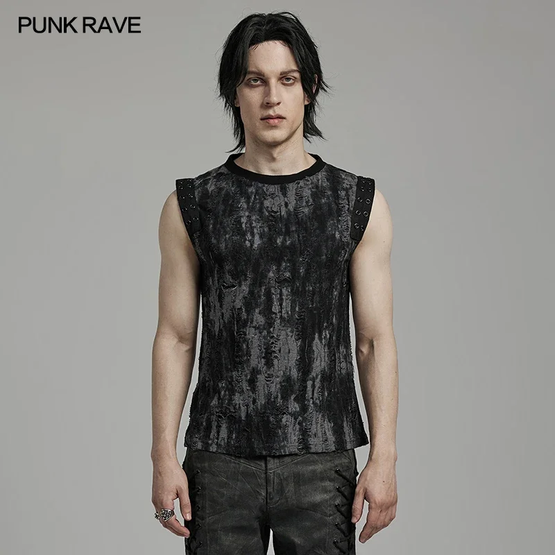 

PUNK RAVE Men's Punk 3D Jacquard Personalized Tank Daily Handsome Cool Black Tops Streetwear Men Clothing Summer 2 Colors