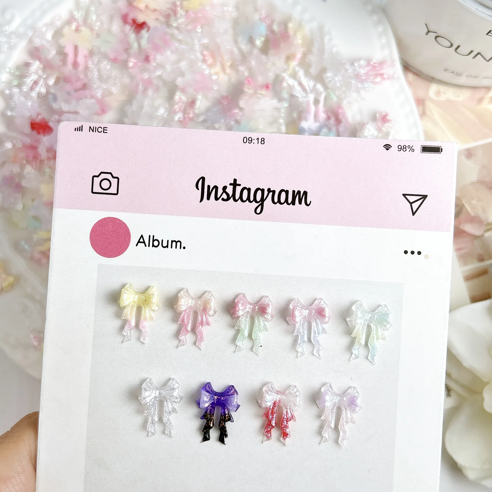 30PCS Luminous Sparkling  Ribbon Bows Resin Nail Charms 3D Gradient Colorful Bowknots Nail Art Decorations DIY Princess Nails