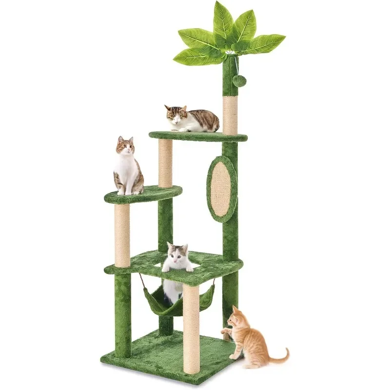 

55 Inch Large Cat Tree Tower for Indoor Cats with Hammock Green Leaves Sisal Scratching Post, Plush Hang Ball Play Furniture
