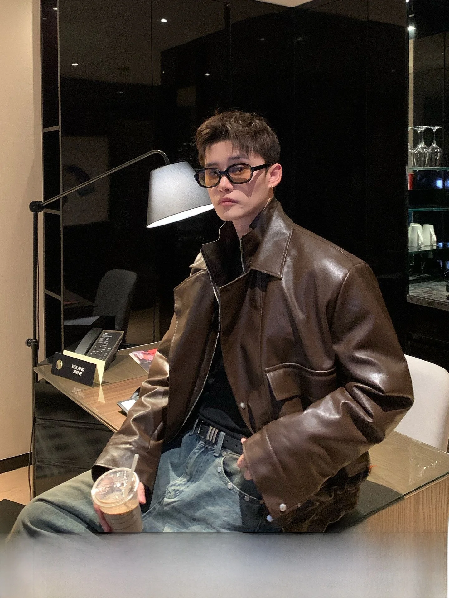 

CuiBuju American Retro Style Motorcycle Cotton Jacket Stand Collar PU Leather Coat Warmth Casual Loose Fit Long Sleeve Coat