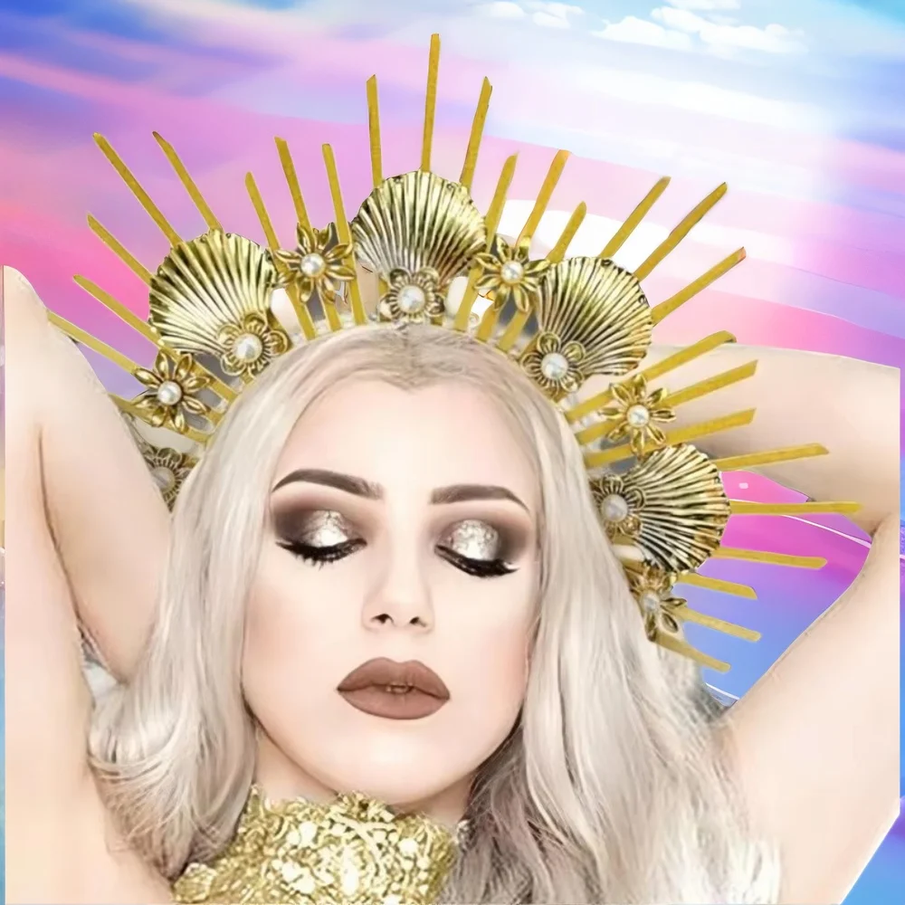 

Women's Halloween Halo Crown - Luxury Seashell & Sunflower Goddess Headpiece for Cosplay, Masquerade and Virgin Mary Costume