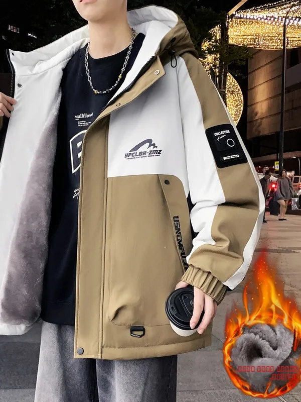 

Мужская утепленная повседневная свободная куртка на флисовой подкладке для подростков и студентов, зимняя верхняя одежда, ветрозащитная, на молнии, с капюшоном