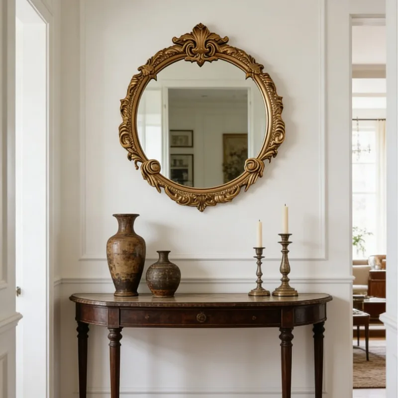 European court curly grass pattern carved round mirror retro old gold frame hanging mirror living room entrance literary decorat