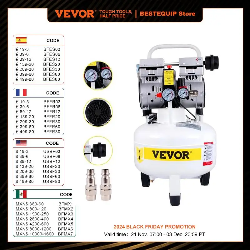 VEVOR Compresseur d'Air 25/35/40/90L Silencieux sans Huile 750W/2200W 1HP/3HP Acier Allié pour