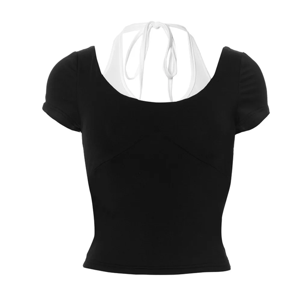 

Cute Y2K Fake Two Pieces Top Spicy Girl Style Chic Slim Halter Crop Top Women Bottoming Shirt Short Sleeve T-shirts Streetwear