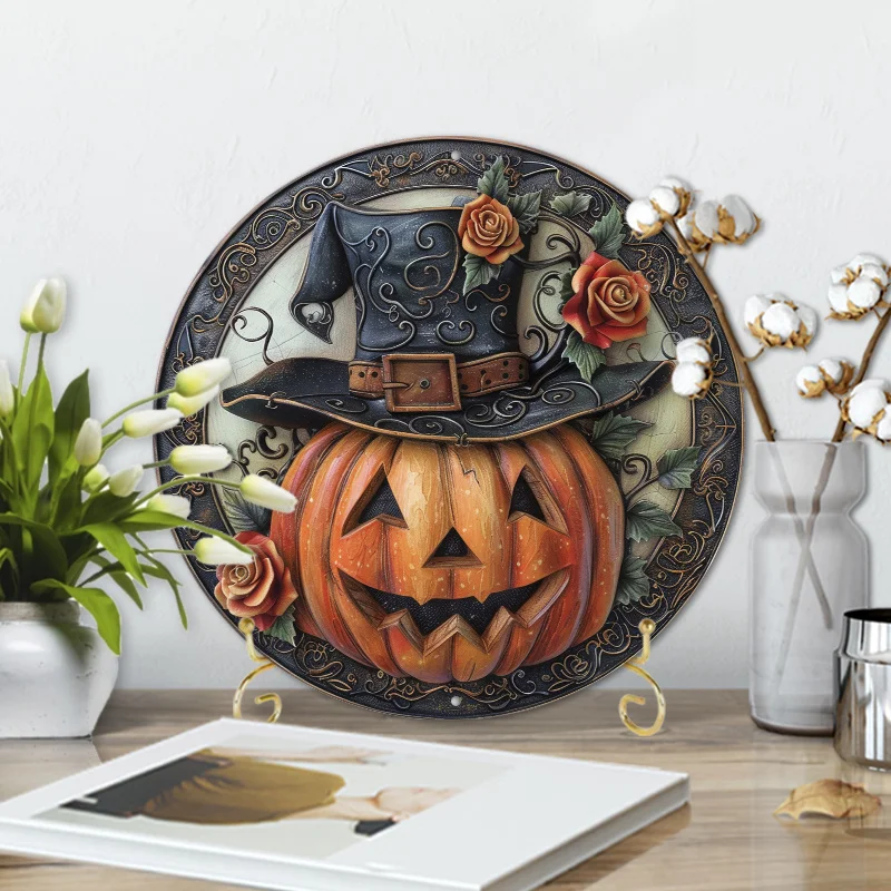 

Vintage Halloween Pumpkin Metal Sign with Top Hat and Roses Pre-drilled for Easy Hanging-Perfect for Home,Shop, and Themed Decor