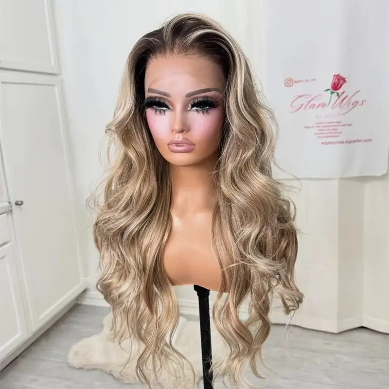 

Preplucked Hairline Free Part Ombre Blonde Brown Highlight Lace Frontal Wig for White Black Women Syntehtic Heat Resistant Wig