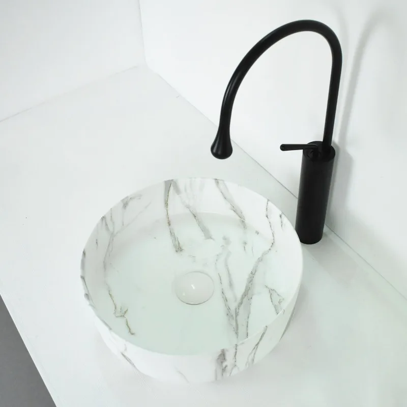 Small Round Table Basin Ceramic Washbasin Washbasin Small Apartment Chinese Marble Pattern Matte Washbasin