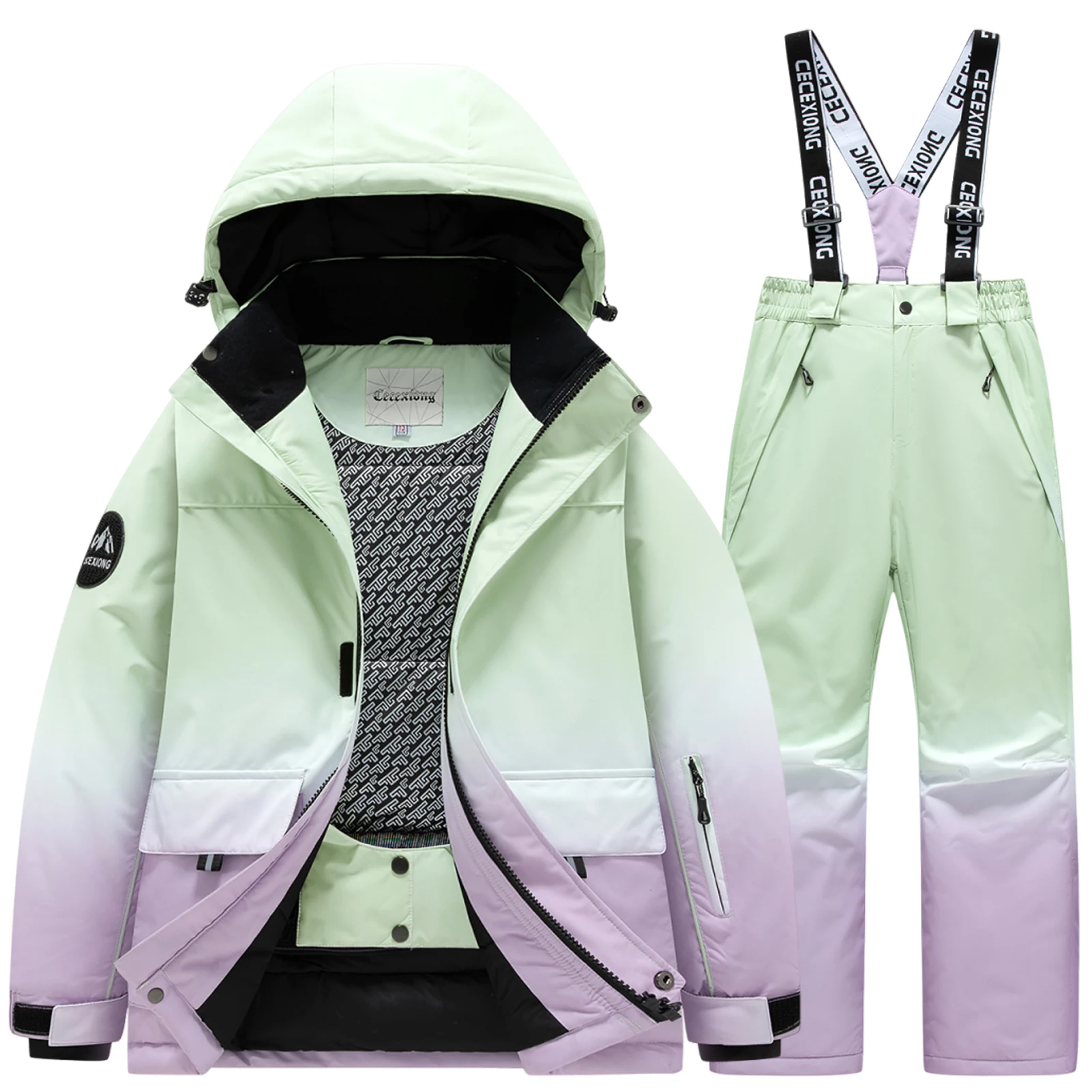 Children Gradient Ski Jacket & Bib Pants 2‑Piece Set,Waterproof Wind‑Resistant Warm Winter Snowwear for Boys Girls,Kids Ski Suit