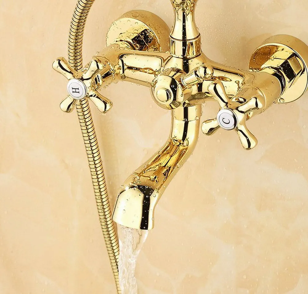 Imagem -04 - Ouro Latão Banheira Torneiras Estilo Telefone Banheira Torneiras Misturadoras Dupla Alça Banheiro Torneira do Chuveiro com Handshower Ztf123 Cor do