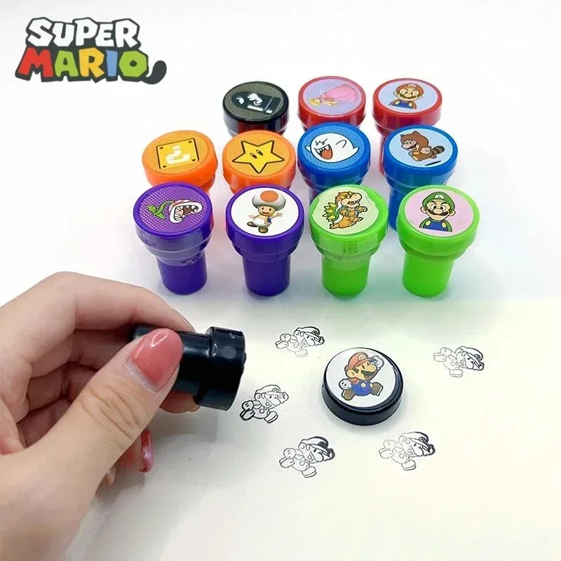 12pcs Super Marios Bros Cartoon Toy Signet Anime Pattern Seal Children Stamper DIY Painting Photo Album Decoration Birthday Gift