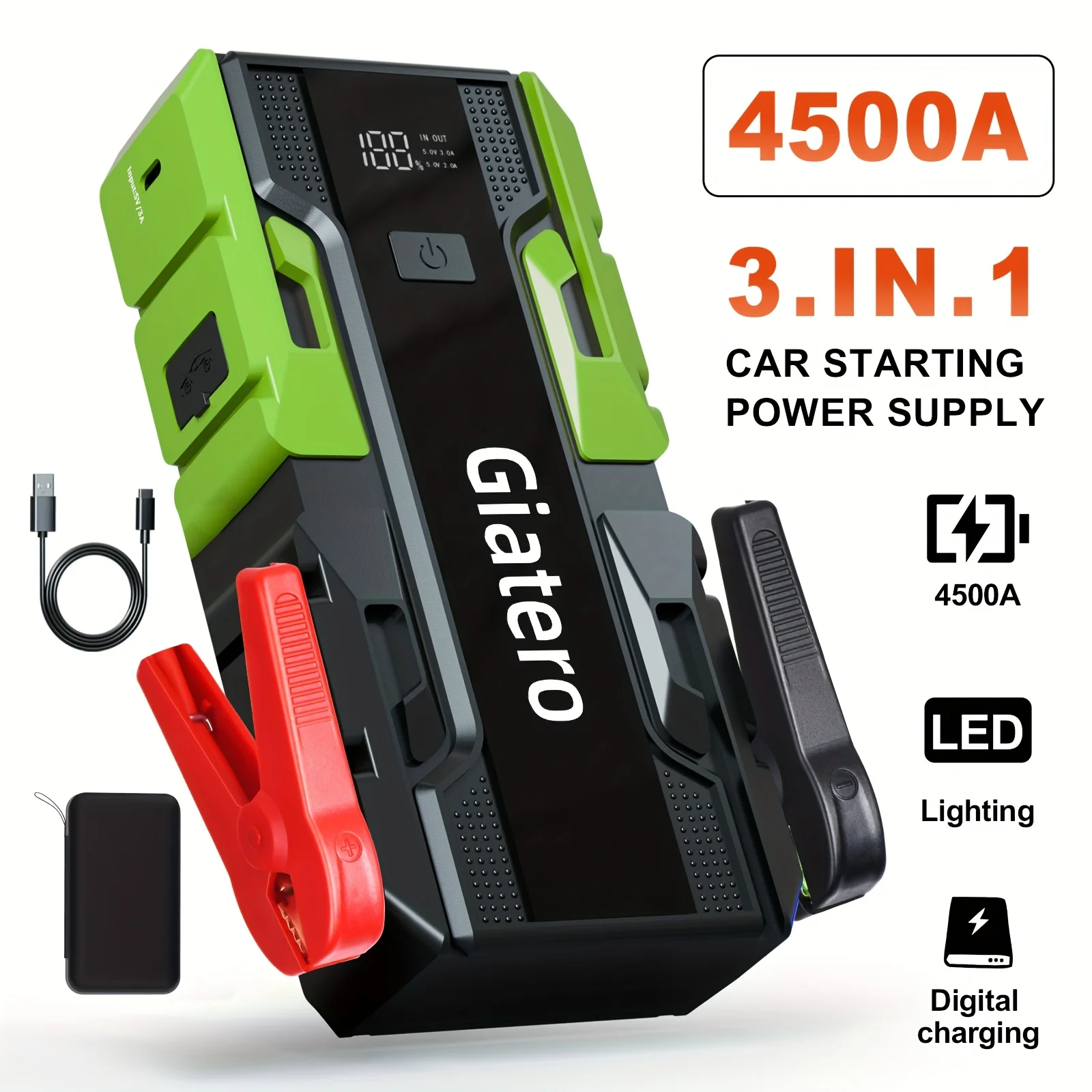 

4500A Portable Car Battery Starter - Professional Car Repair Tool (up To 2.64 Gallons Of Gasoline/2.11 Gallons Of Diesel) 12V
