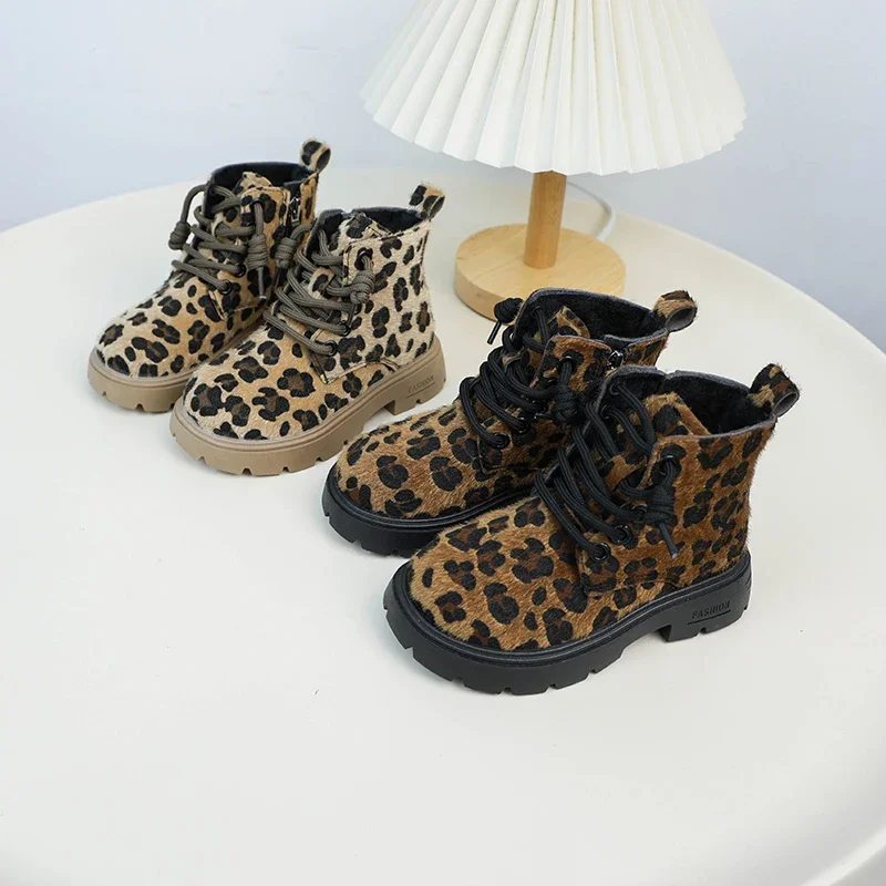 New Leopard Pattern Children Fashion Boots Winter Short Plush Girls Boys Ankle Shoes PU Warm Zip Anti Slip Kids Boots