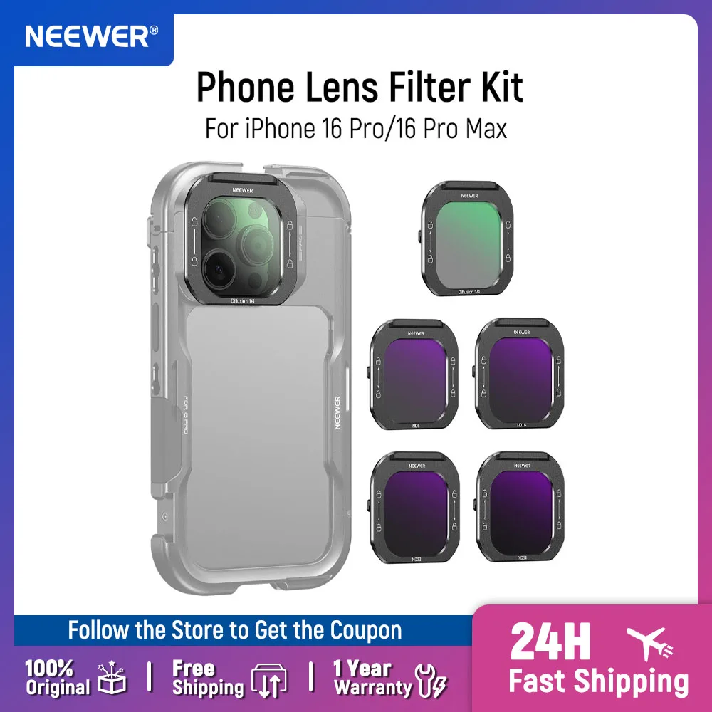 

NEEWER 5pcs Phone Lens Filter Kit Black Mist Diffusion 1/4/ND8/ND16/ND32/ND64 HD Optical Glass For iPhone 16 Pro/Pro Max Cage