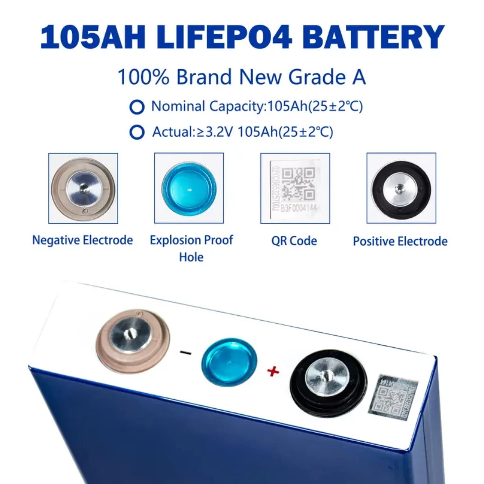 EVE 3.2V LiFePO4 Battery 105AH 314AH 280AH QR Code 3C Discharge Grade-A DIY 12V 24V 48V Lithium Iron Phosphate Battery with Stud