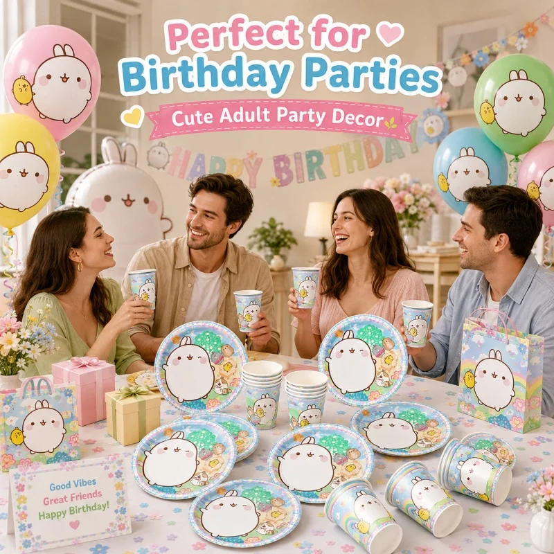 Molang Kombinations-Partydekoration für Geburtstagsfeiern, Einweg-Set für Themenfeiern im Innen- und Außenbereich, Niedlicher Hase – Detail 4