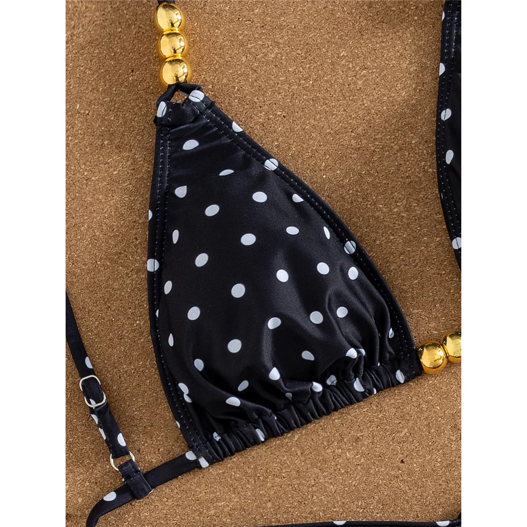 Polka Dot Neckholder-Bikini mit Metallperlen, Damen-Badeanzug, zweiteiliges Bikini-Set, gepolsterter Badeanzug, Badebekleidung, Schwimmbekleidung V8541 – Detail 8