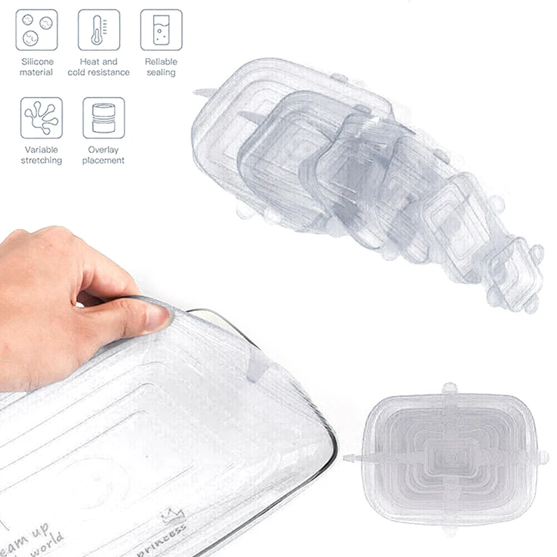 6-piece Silicone Fresh-keeping Lid Kitchen Sealing Food Elastic Lid Reusable Transparent Square Sealing Lid