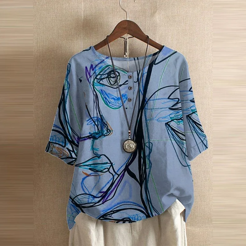 Fashion Face Line Printing Blouse Women's O-Neck Half Sleeve Button Shirt Casual Loose Daily Oversized Tee Tops Clothing Female