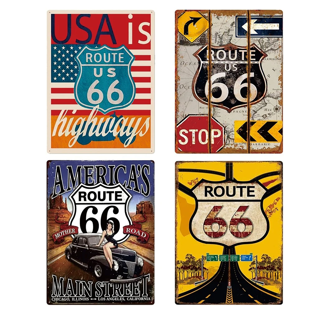 Route US 66 US Map Board Metal Poster Country Vintage Tin Logo Garage Bar Home Wall Decoration Antique Plaque Set of 4 PCS