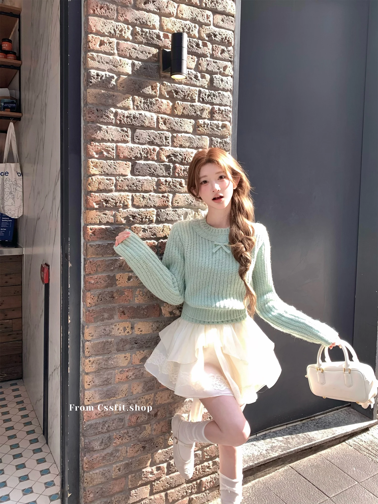 

Mint Stamp Album Knitted Sweater Sweet Sle Wool Lace Collar Knot Neline Overhead Spring Season ort Length Lon...