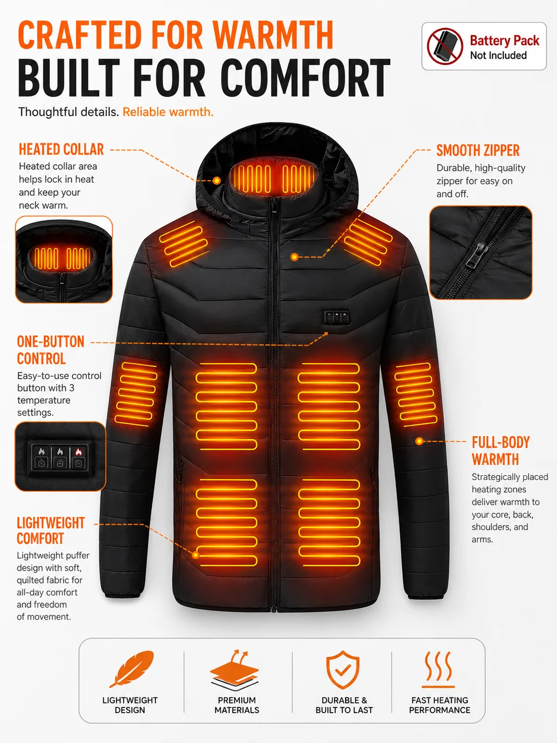 Men'S Heated Jacket with 3 Heat Settings, 24 Heating Zones, Hooded Winter Coat for Casual Outdoor Wear - Black, Polyester, Long Sleeve, Zip-Up, Four Control Buttons, Warmth for Autumn and Winter, Heated Jacket view 4