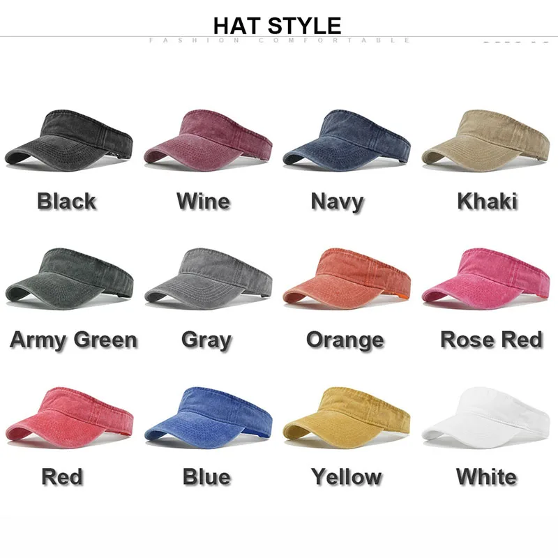 Custom Logo Vintage Washed Sun Visor, 1PC MOQ, Embroidery/Print, Adjustable Cotton Empty Top Hat for Golf Tennis