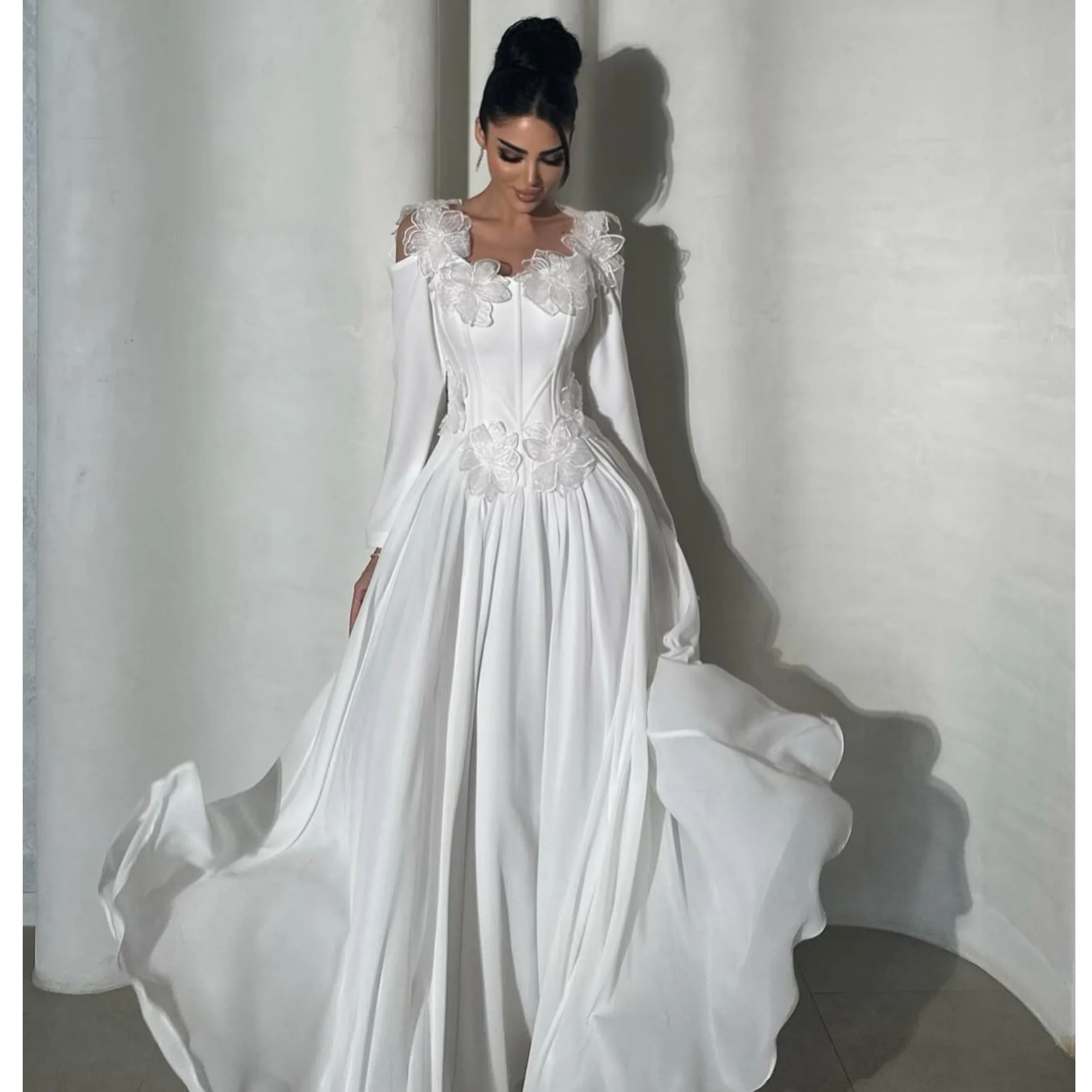 Elegant White Evening Dress A Line Sweetheart Flower Appliques Prom Party Gown for Arabic Customized Chiffon Women Robe de Noche