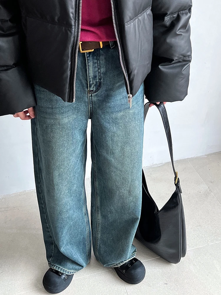 [EAM] High Waist Blue Denim Long With Velvet Vintage Wide Leg Jeans New Women Trousers Fashion Tide Autumn Winter 2024  1DH7907