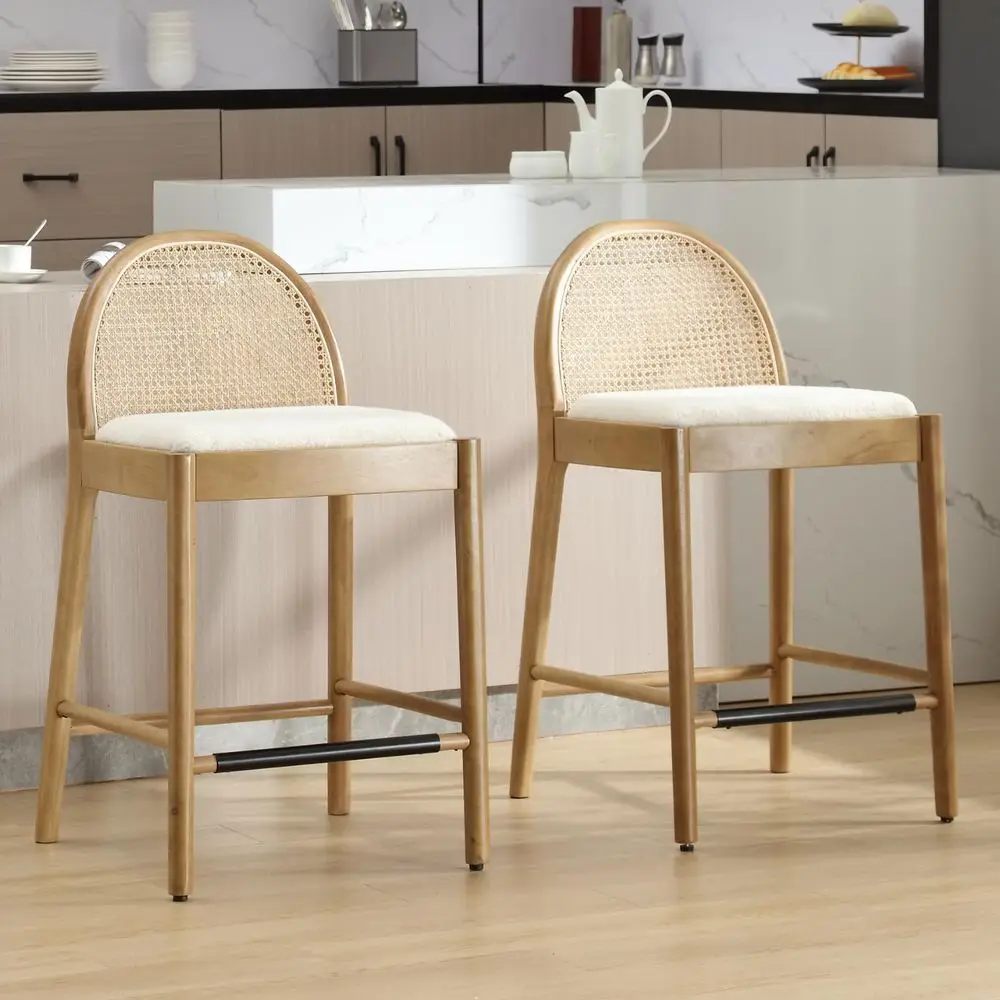 

Modern Sherpa Counter Stools Set of 2, 26 Seat Height Low Bar Chairs with Wooden Legs Natural Rattan Cane Back Cpunter Height B