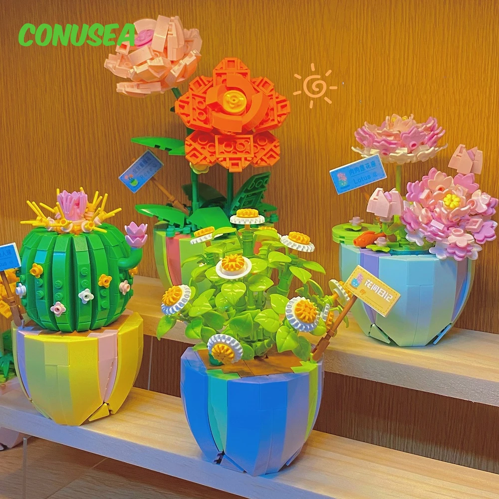 Plant Potted Building Block Bouquet 3D Model Toy Home Decoration Rose Flower Assembly Brick Girl Girlfriend Toy Birthday Gift