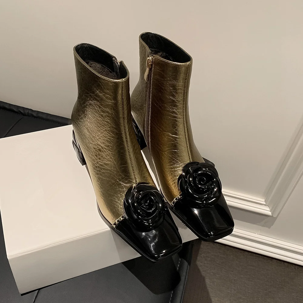 Dilalula 2025 Genuine Leather Flower Metal Chain Short Boots Women Thick High Heels Young Ladies Mixed Color Boots Party Dating