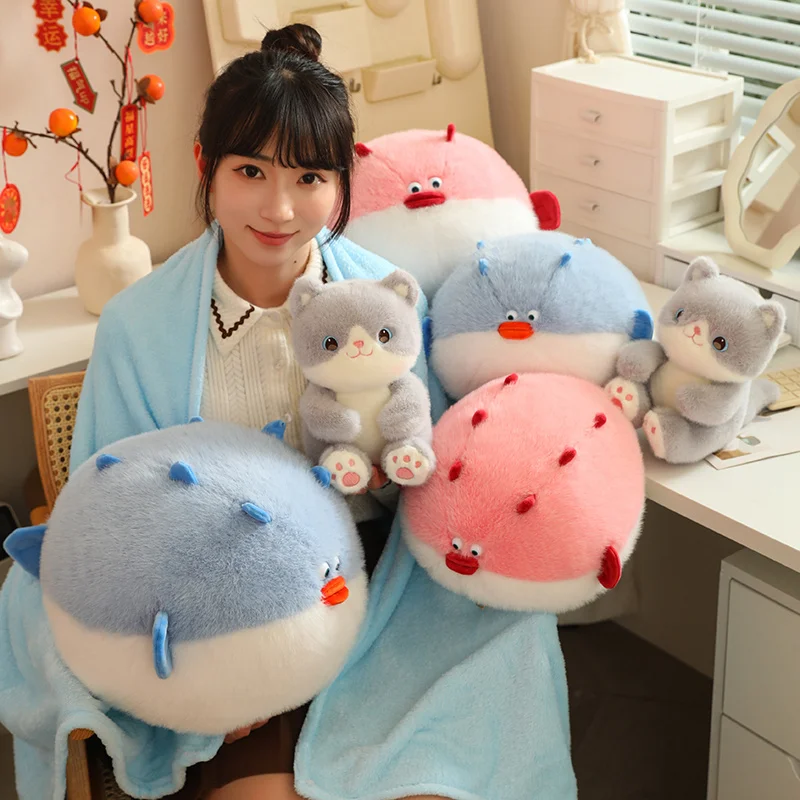 Kawaii Stuffed Animal Globefish Cat Dolls Fish Blanket Combination Super Soft Toys Home Decor Pillow Girls Boys Birthday Gifts