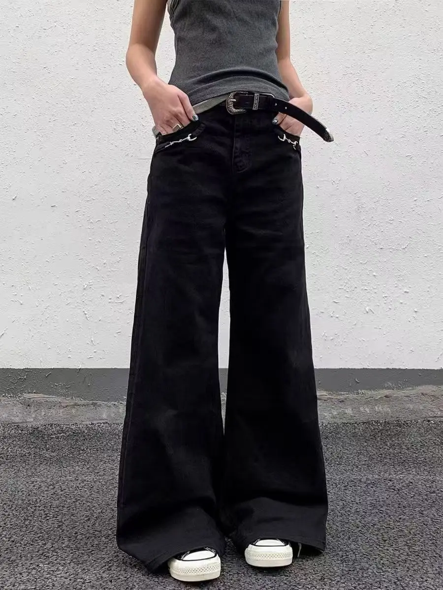 American Retro buckle Design Spring And Autumn Washed Micro-Flare Jeans Men And Women High-Waisted Hip-Hop Loose Wide Leg Jeans - Image 3