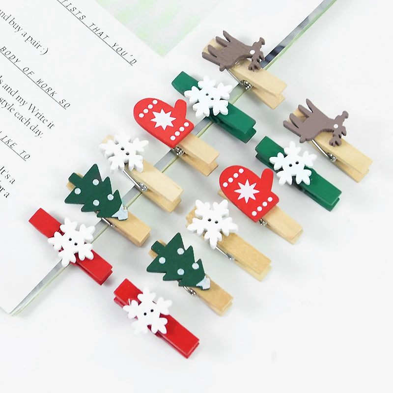 20pcs Christmas Wooden Clip Xmas Tree Snowflake Elk Photo Clips Clothespins Gift Bag Clips Christmas New Year Party Decorations