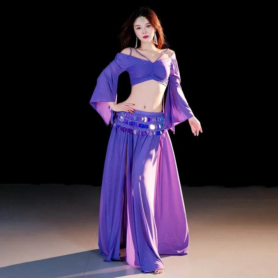 Prestatiekostuums 2-delige set Sexy split-top en rok Volwassen vrouwen Buikdans Show Oefenkleding Danskleding