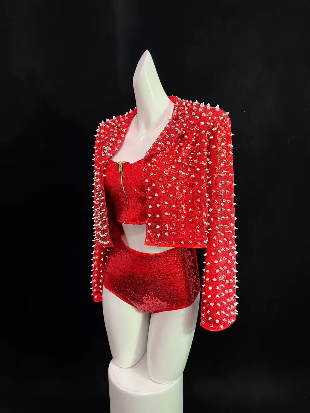 الرجعية الذهب الأحمر الأسود برشام روك المعادن بريق الترتر سترة مجموعة البكيني فريق الرقص GOGO المغني مرحلة حفلة الهذيان الأداء فستان