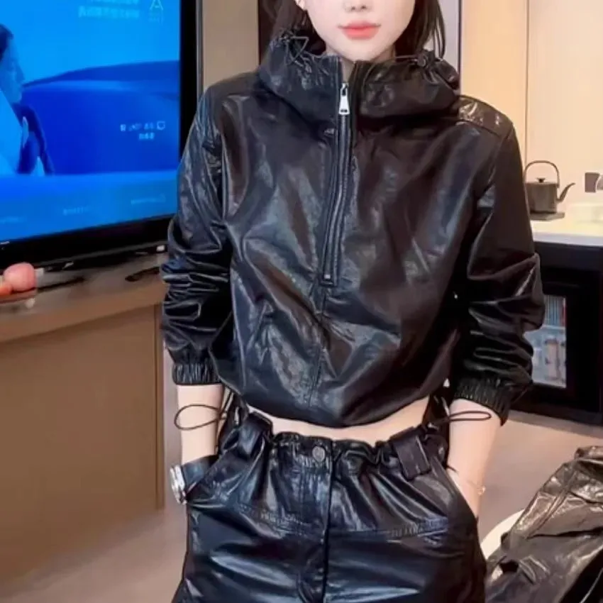 2025 New Women's eepskin Leather Jaet ort Biker Sle Faion Slim Fit Zipper Closure Bright Surface Commute Sle Coat