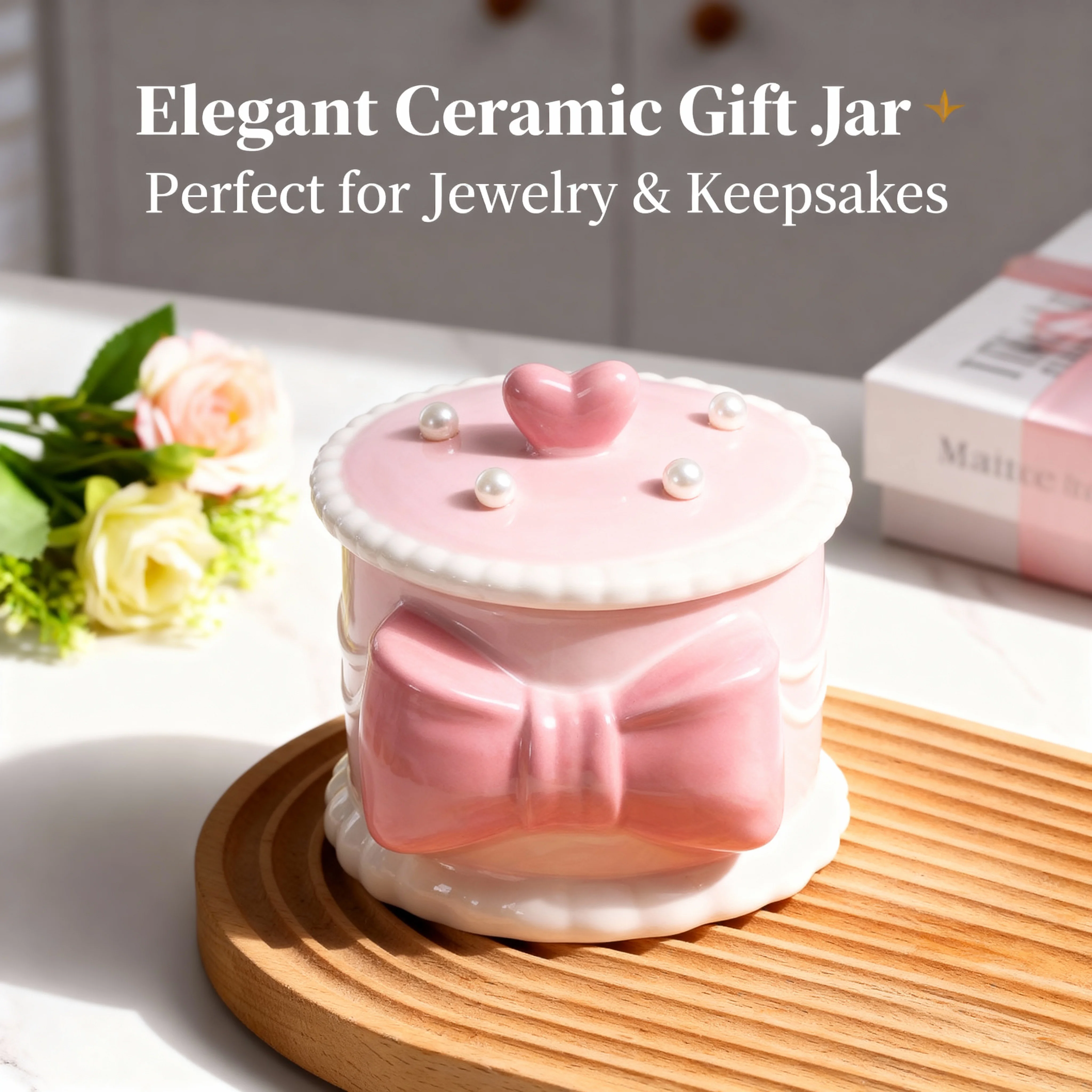 Cute Pink Ceramic Jewelry Box with Bow Kawaii Trinket Jar with Lid Ring Holder Organizer Romantic Gift for Girls Home Decor
