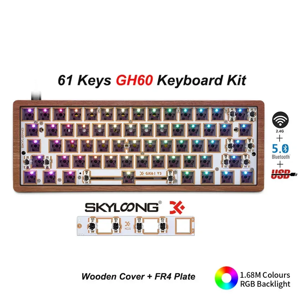 Popular Customized RGB Hot Swap Keyboard Kit 61 Keys Wooden Case Skyloong DIY Kit