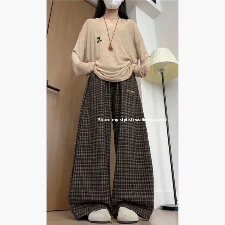 レトロなハイウエスト刺繍入りチアリーダーパンツ 秋冬新作ファションカラーブロ 多用途韓国風ワイドレッグパンツ...