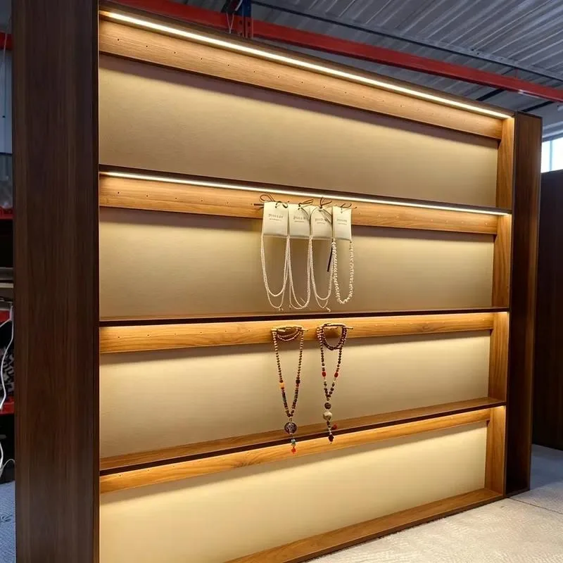 Solid Wood Veneer LED Wall Mounted Jewelry Showcase Set Customizable Retail Store Display System