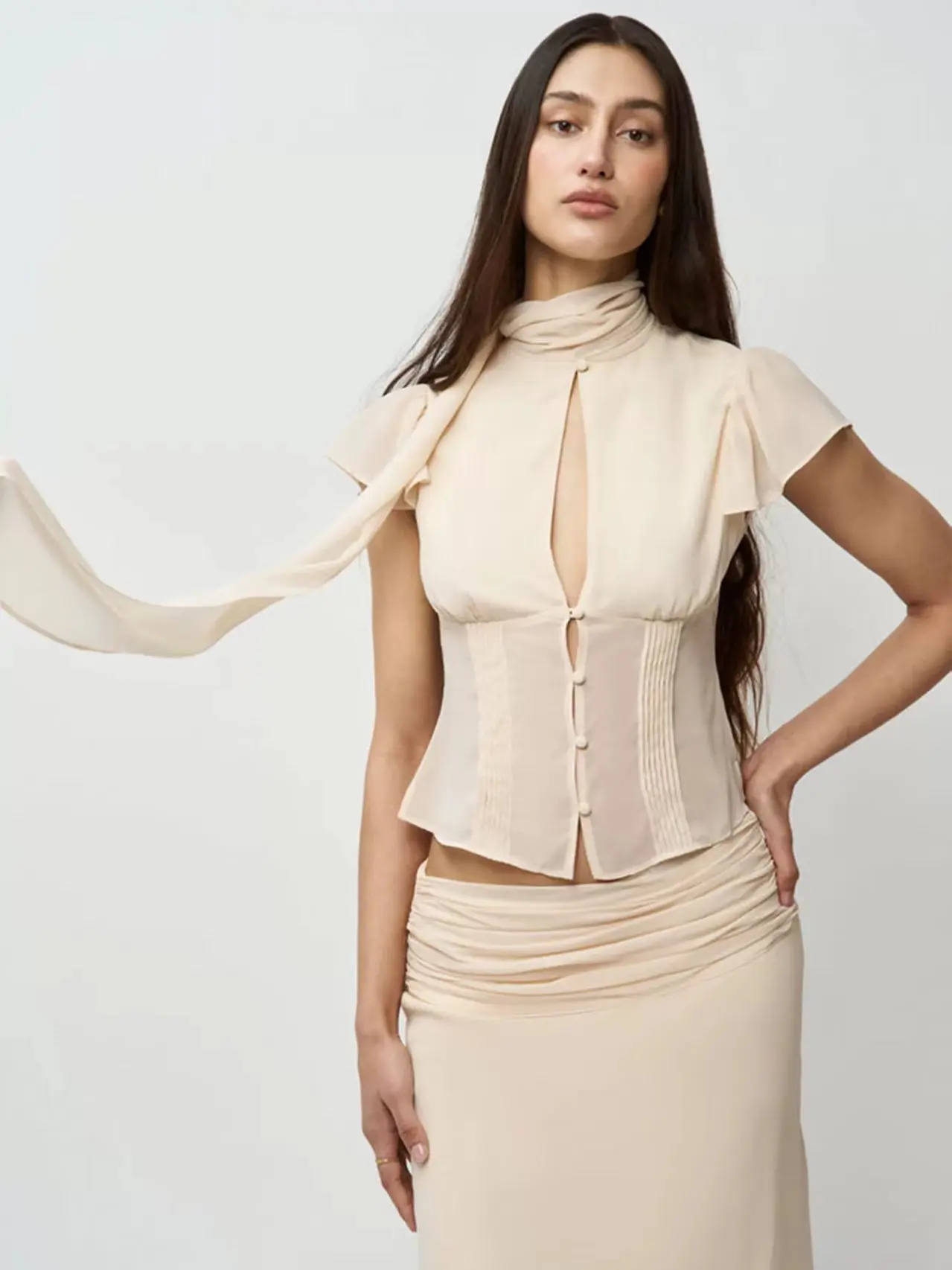 Guiz Apricot Silk Scarf Ribbon Chiffon Shirt Semi-Transparent High-Waist Waist-Cinching Top Low-Waist Pleated Skirt