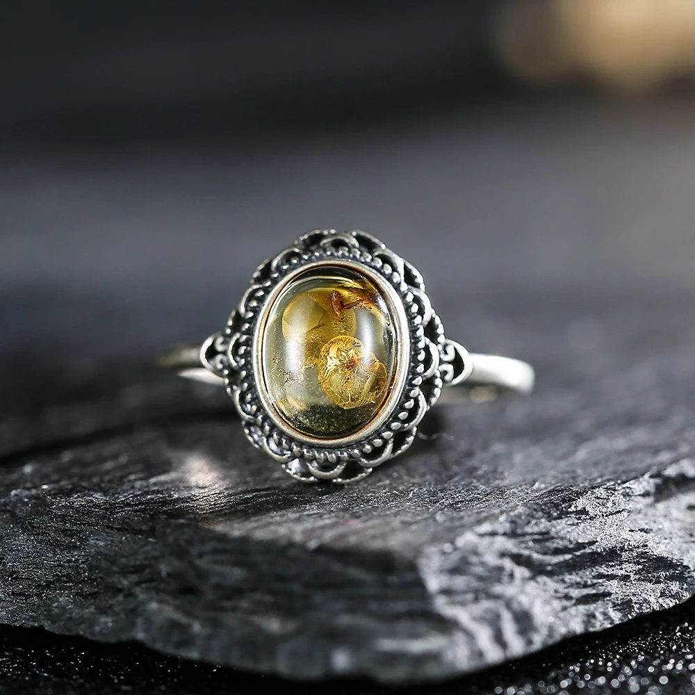 Vintage 925 sterling silver ring set with natural amber women's ring, exquisite crystal jewelry accessory with adjustable size