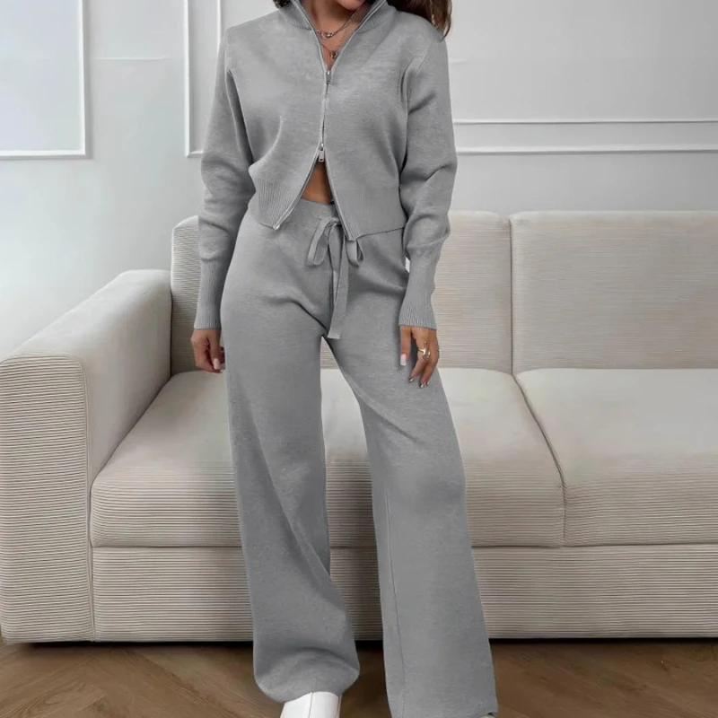 

Pant Set Women Two Piece Sets Zip Up Knit Slim Fit Cardigan Knitted Coats Wide Leg Pants Y2k Streetwear Matching Sets 2025 Fall