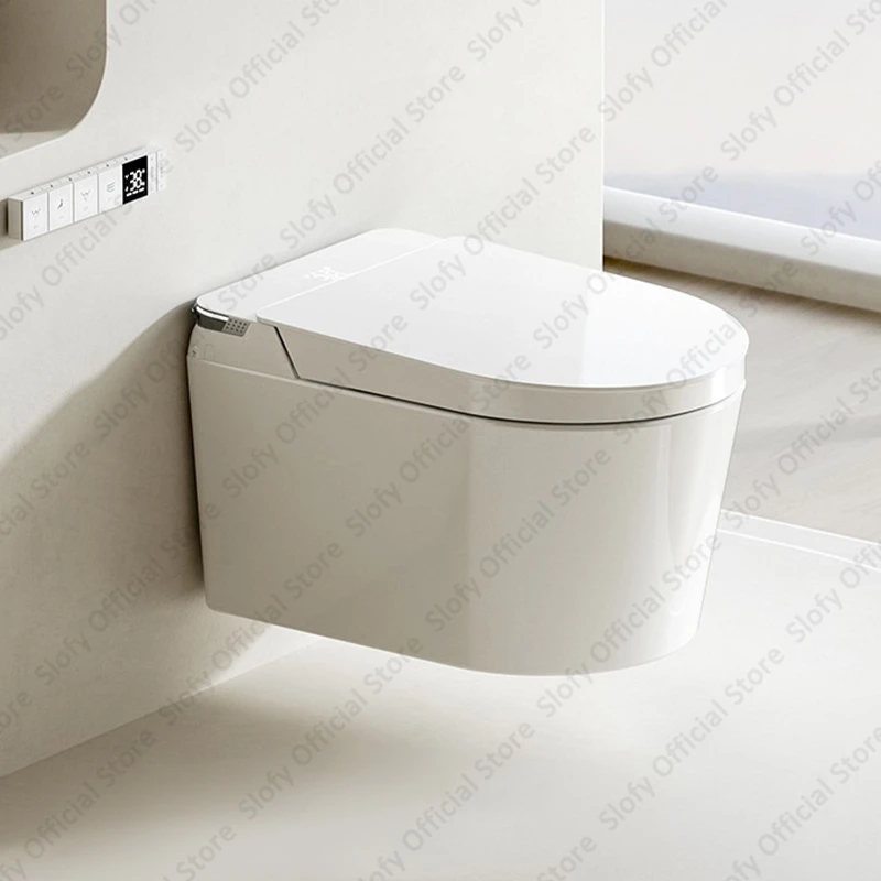 

Wall Mounted Smart Toilet No Water Pressure Restriction Hanging Toilet Seat White with LED Display Seat Heating Auto Flip Toilet