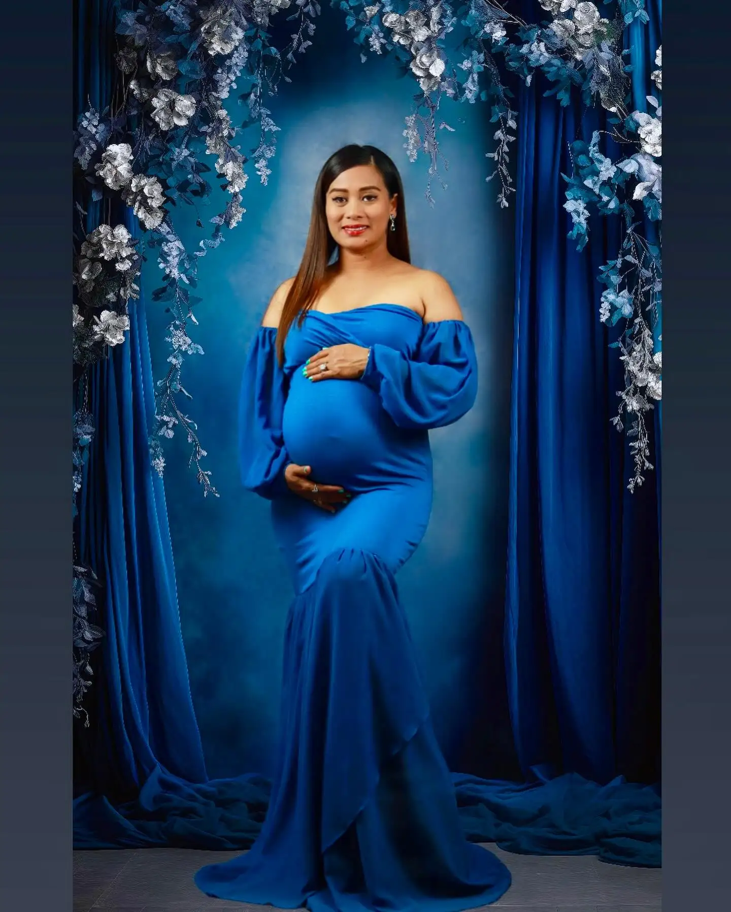 

Royal Blue Mermaid Maternity Robes for Photo Off Shoulder Long Sleeves Pregnant Women Dresses Sexy Sweep Train Baby Shower Gowns