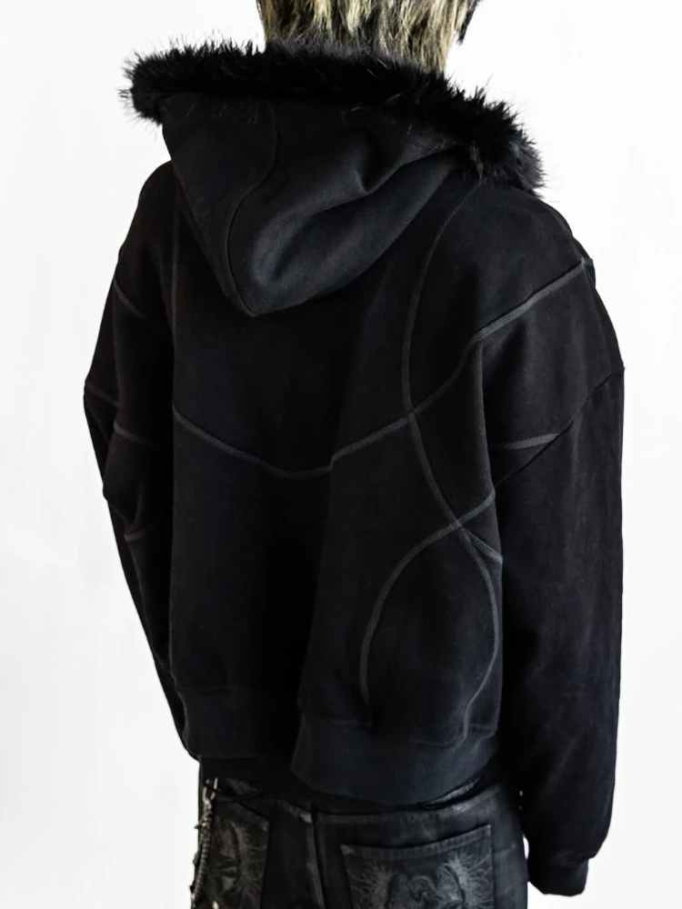 

Fluffy Hat Hoodie Printed Pattern Long Sleeve Cardigan Hoodie Retro Style Coat Street Trendy Ins